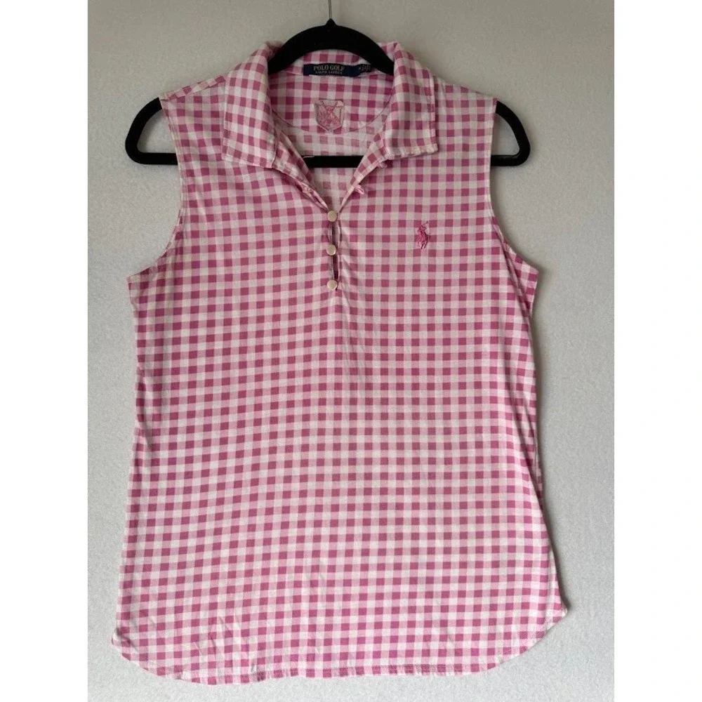 Polo Golf Ralph Lauren Shirt Women Medium Pink Gingham Sleeveless Tailored Fit